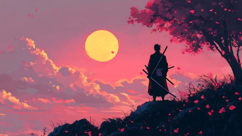 Samurai silhouette under chromatic sunset atmospheric bloom.