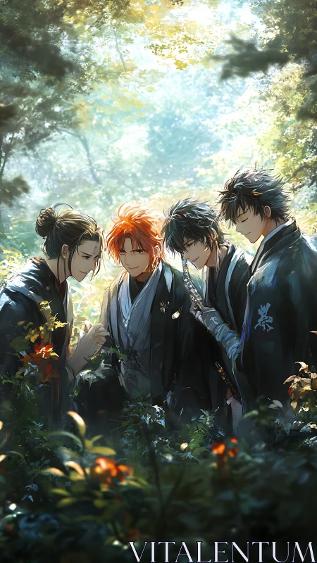 Samurai friends share quiet sunlight in a secret forest glade.