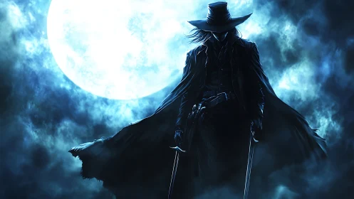 Moonlit gunslinger draped in swirling midnight shadows.