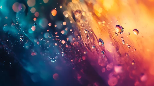 Iridescent macro droplets over teal to amber bokeh field.