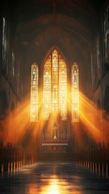 Sunlit cathedral nave drenched in molten stained-glass gold.