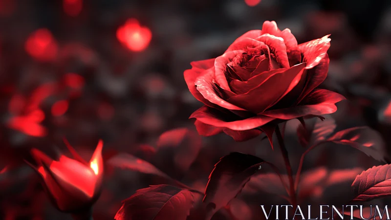 Crimson bloom commands center stage, drowning in romantic light.