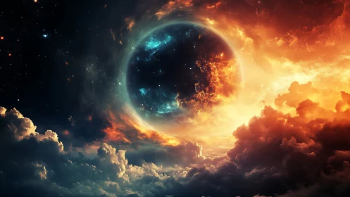 Cosmic eclipse ignites swirling nebula and storm clouds.