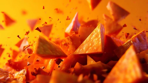 Crunchy orange triangular chips explode through warm light field