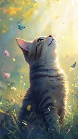 Sunlit kitten watching butterflies in dreamy meadow glow.