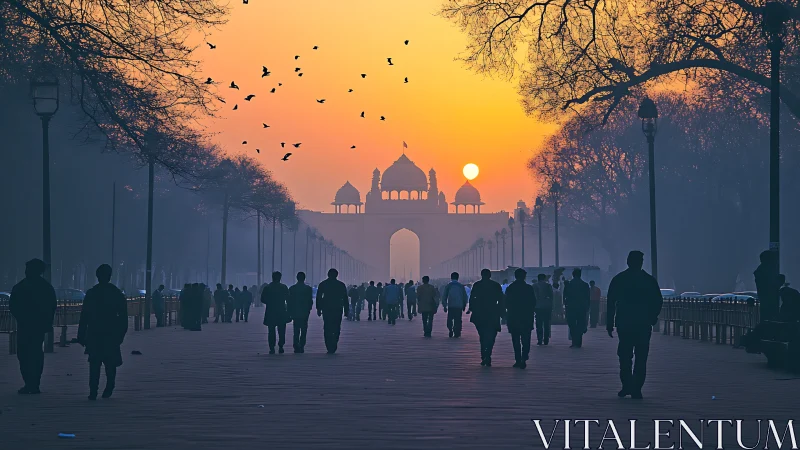 Sunrise corridor toward domed gateway under avian-filled sky.
