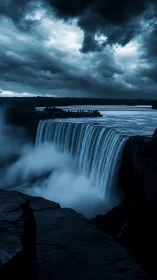 Moody long-exposure waterfall under storm-laden sky in blue toning.