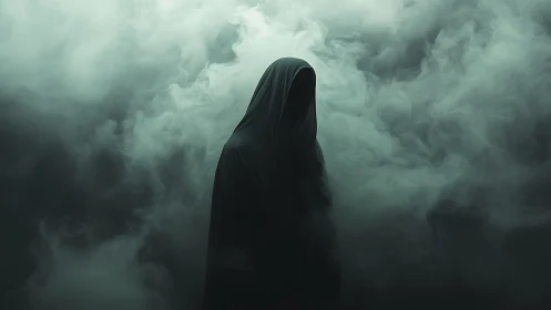 Mysterious hooded figure emerging through swirling fog.