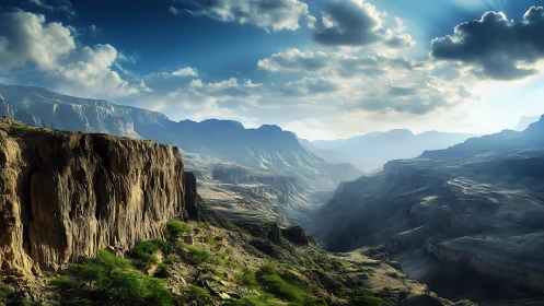 Sunlit canyon escarpments reveal stratified desert geology