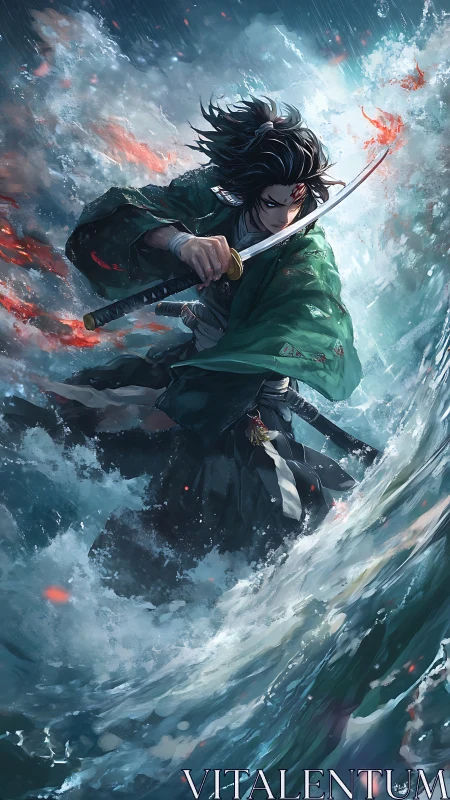 Samurai warrior cuts through storm waves in fierce resolve