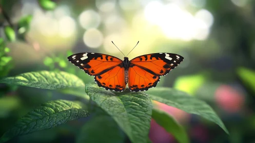 Bright orange butterfly rests gently on lush green leaves