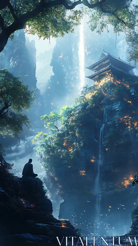 Solitary monk contemplates a misty temple above glowing falls