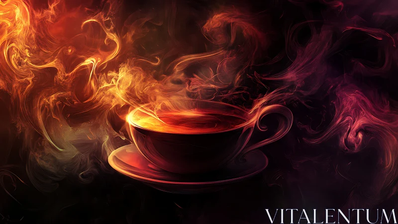 Swirling ember steam rising from luminous digital teacup.