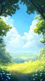 Sunlit forest clearing opens to distant summer valley