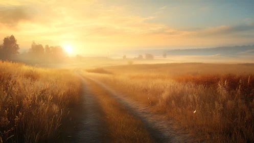 Sunlit country road through misty golden wheat fields.