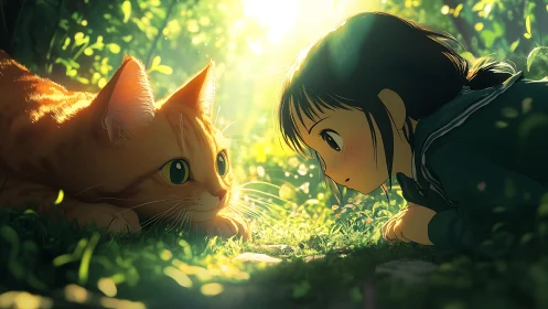 Girl and orange cat lie face to face in bright forest light