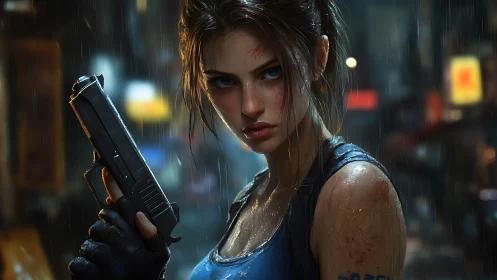 Wet-haired armed woman in rainy urban night setting.