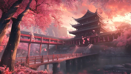 Serene pagoda bridge beneath swirling cherry blossoms at dusk.