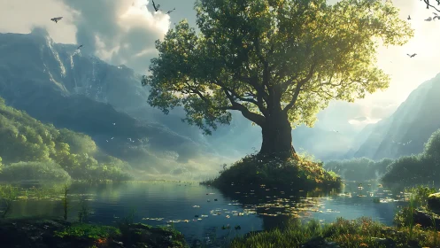 Solitary lake tree quietly crowns a mist-bright valley