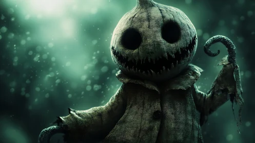 Playfully eerie pumpkin-headed guide in misty green glow.