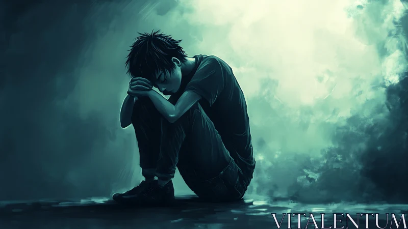 Solitary figure in cyan diffusion lighting, digital study.