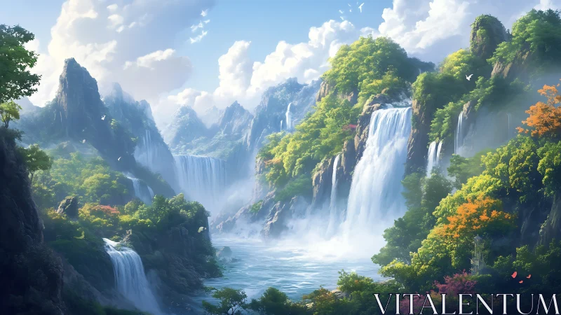 Sunlit cascade valley amid misty emerald mountainscape.