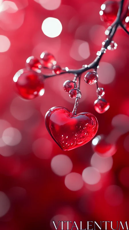 Crystal Heart Pendant with Dewdrops on Crimson Bokeh.