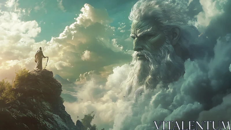Robed figure on peak facing colossal bearded cloud visage.