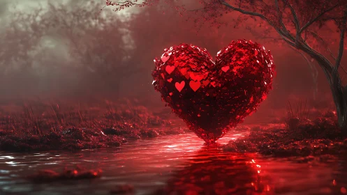 Giant Red Heart Glowing in Misty Forest Stream