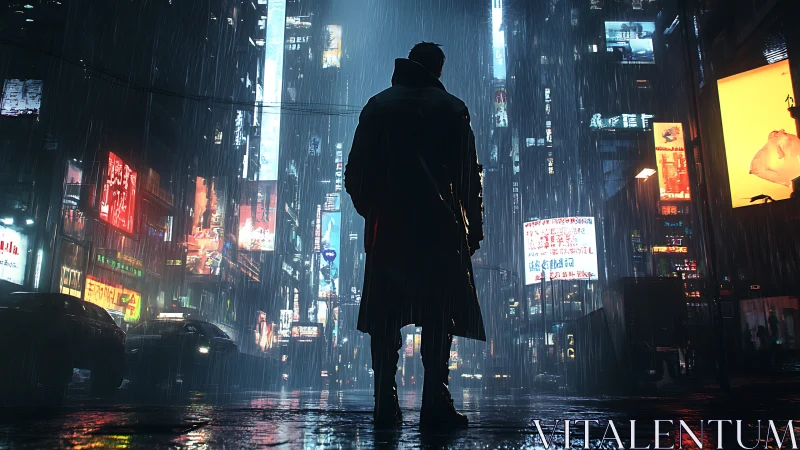 Silhouetted figure stands in rainy neon city street at night