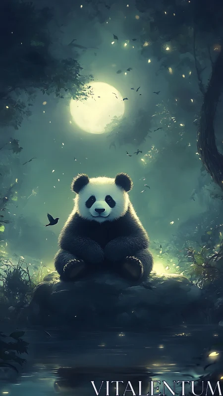 Moonlit bioluminescent forest panda beside reflective stream