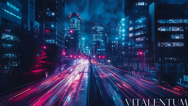 Neon light trails slice through a cyberpunk nocturnal cityscape