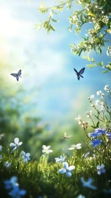 Gentle butterflies drift above a glowing spring meadow