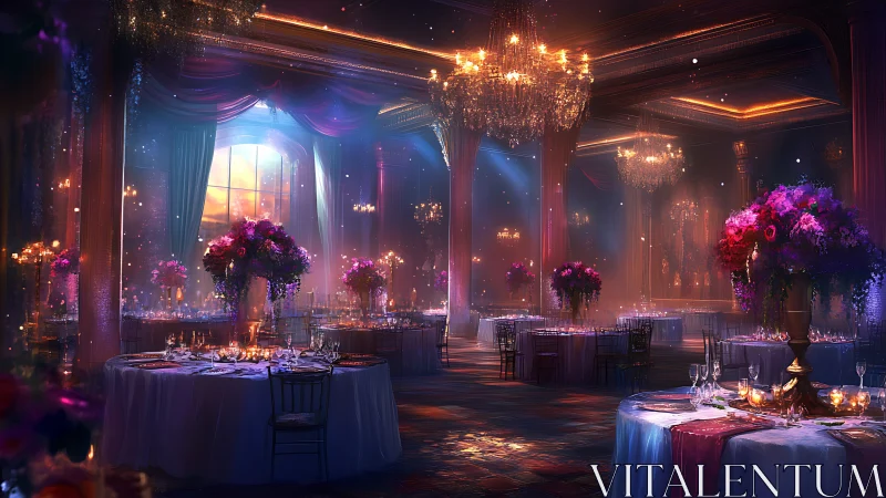 Moonlit ballroom glows as elegant tables await guests