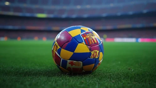 Colorful club football rests on lush green stadium pitch