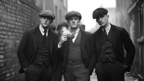 Three young men stand in vintage suits in a narrow alleyway