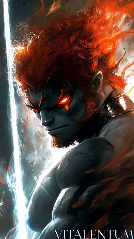 Fiery-haired humanoid figure studies glowing vertical light