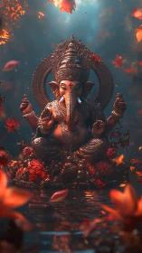 Serene Ganesha statue glowing amid drifting autumn petals.