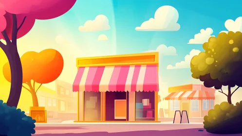 Colorful small storefront sits under bright sunny sky
