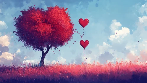 Red tree with floating hearts in surreal landscape