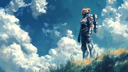 Skyward ranger in luminous armor above drifting summer clouds.