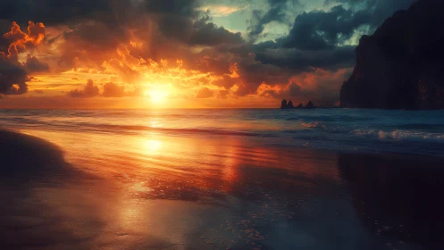 Radiant coastal sunset renders reflective shoreline in glow