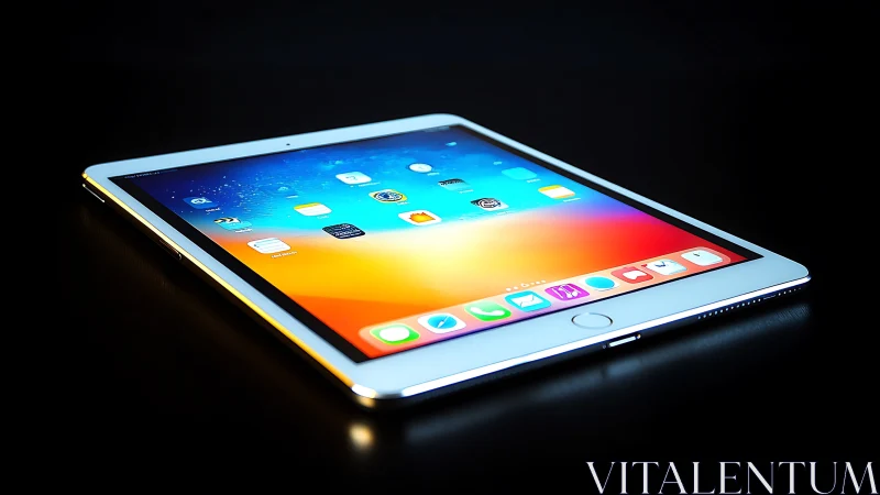 Light blue iPad tablet displaying colorful gradient home screen interface.