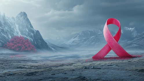 Pink awareness ribbon sculpture in frozen mountain valley.