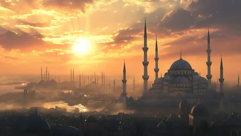 Sunlit domed mosque skyline rises through golden coastal haze