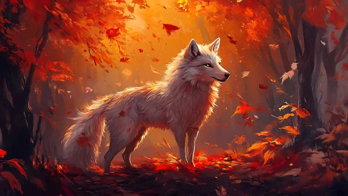 Gentle white wolf wandering through a glowing autumn forest.