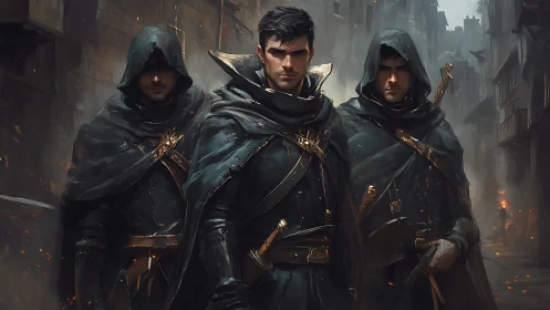 Midnight rogues stalking ember-lit alleys of a broken city.