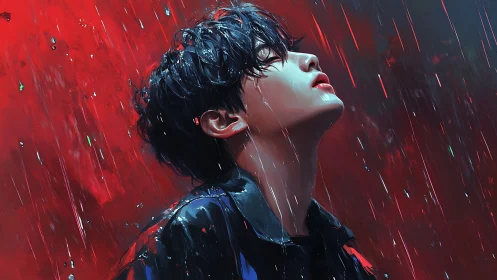 Profile portrait of youth in stylized red rain with glossy specular highlights