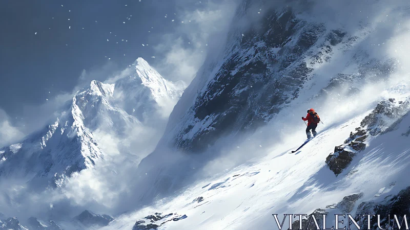 High-angle alpine skier descends steep powder slope in crosswind