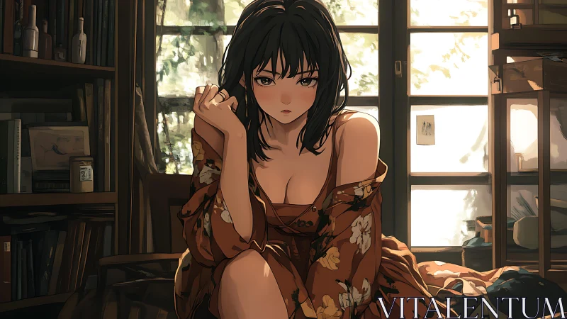 Melancholic young woman in floral robe by sunlit studio window